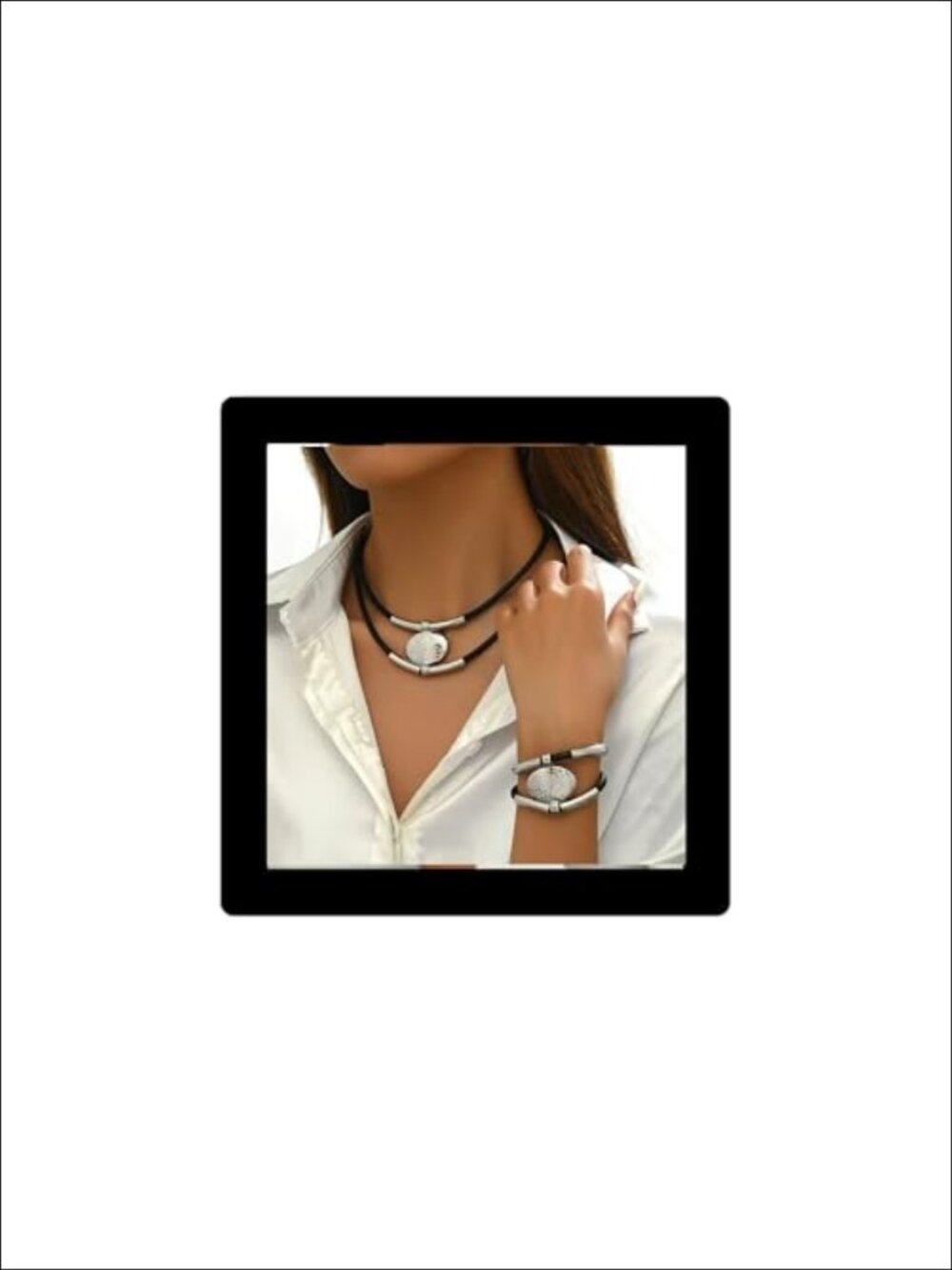 Gold Tone Bohemian Double-Layer Rope Necklace Bracelet Set Oval Acrylic Pendant